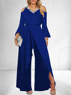 2024 Women's New Split Sequin Solid V-neck Basic Business Elegance Wide Leg Loose Sleeve Flare Sleeve Jumpsuit  Bodysuit
