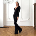 2025 Women Autumn Black Long Sleeve V Neck Jumpsuits Streetwear Bodycon Sexy Sporty Casual Rompers Fashion Overall Body Tops