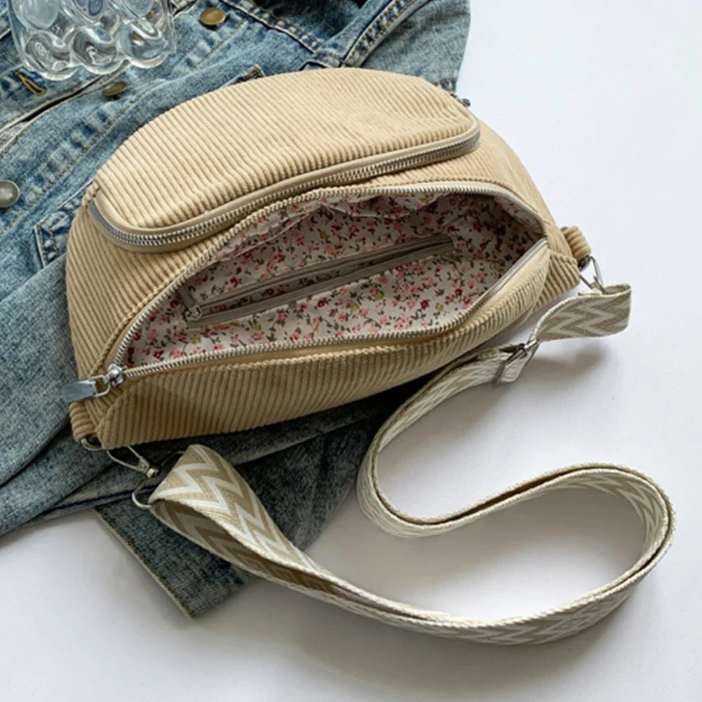 Corduroy Chest Bag Fashion Fanny Pack Wide Guitar Strap Casual Waist Bag Multi-pockets Hobo Sling Bag Outdoor Travel Bag