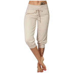 Classic Solid Color Jogging Pants Women Cotton Linen Capris Trousers Bandage Double Pocket Pants Summer Beach Vacation Wear