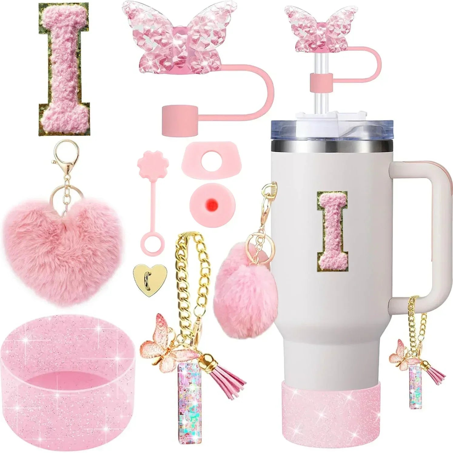 9PCS Accessory Set for Stanley Cup 30oz 40oz Butterfly Straw Cover Cap Silicone Boot Charm Initials Sticker Spill Proof Stopper