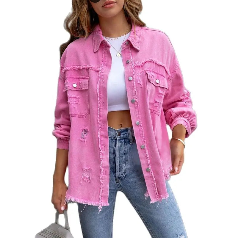 2025 Spring Autumn Shirt Style Denim Jacket Women Holes Raw-edges Jeancoat Casual Tops Female Oversize Loose Outerwear 7 Colors