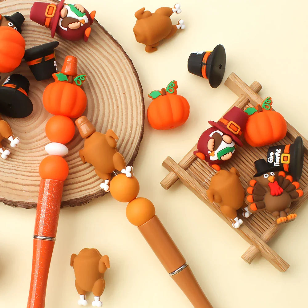 5/10/20pcs Thanksgiving Silicone Beads 3D Pumpkin Turkey  Focal Beads for Jewelry Lanyards Keychain Bracelet Making Pen Decor
