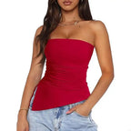 920L Strapless Ruched Asymmetrical Tube Top for Women Off Shoulder Bandeau Shirt Solid Color Side Split Fit Top