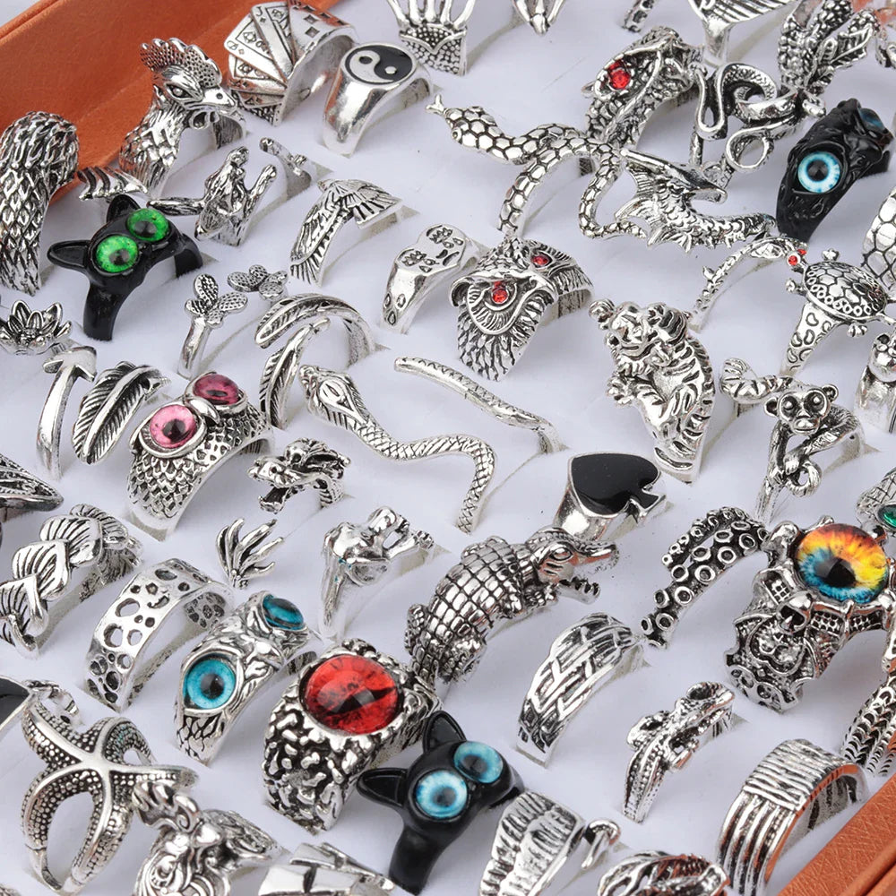 20 Pieces/Lot Vintage Punk Snake Rings for Women and Men Dragon Animal Devil's Eye Adjustable Mix Hip Hop Gothic Charm Jewelry