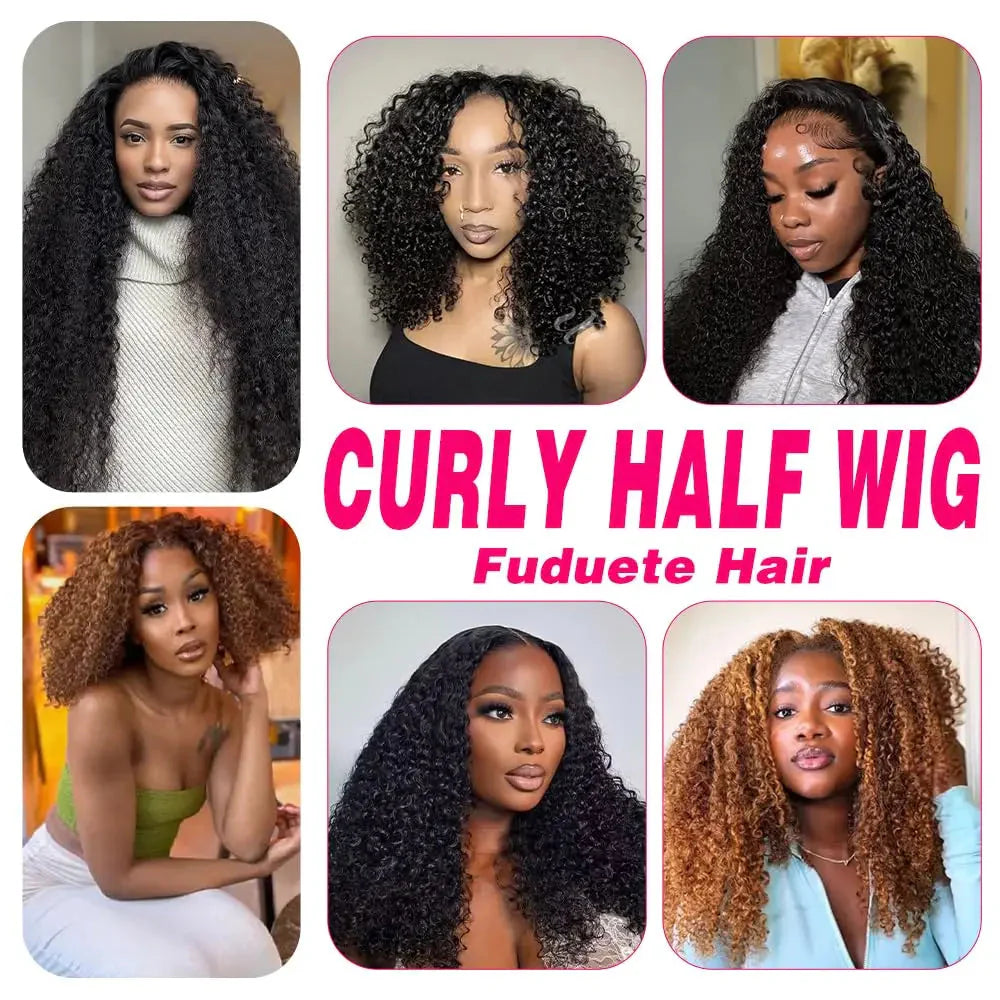 Half Wigs Human Hair Kinky Curly 3 In 1 Human Hair Wig Seamless Flip Over Half Wig Beginner Friendly Curly Wigs for Women