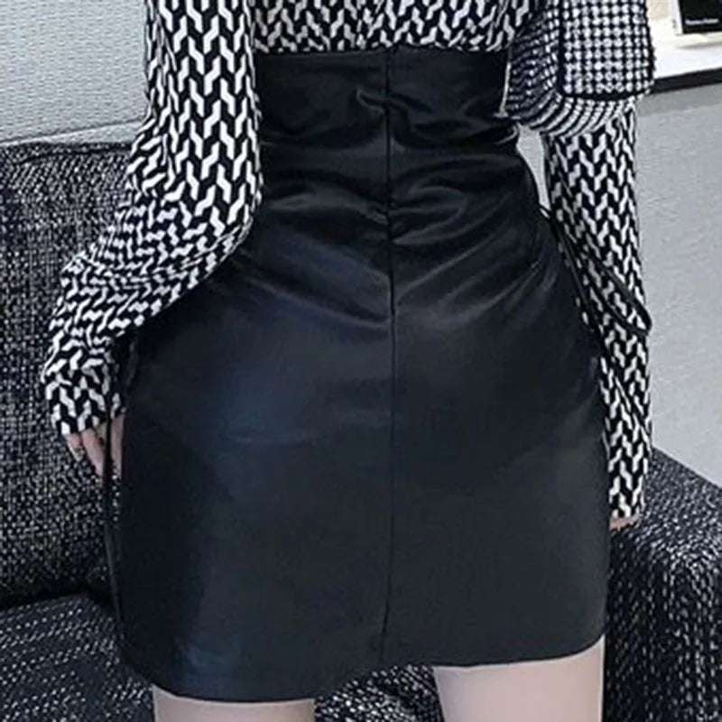 Black Leather Mini Skirts Women Gothic High Waist Slim Fit Lace Up Pencil Skirt Female Sexy Club Back Zipper Split Bag Hip Skirt