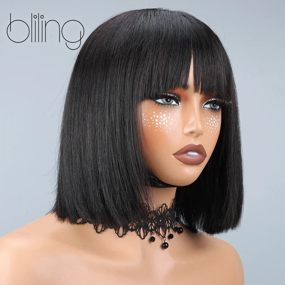 200% Human Hair Wig With Bang Natural Glueless Straight Layered Bob Hairstyle 1X13 Transparent Lace Black for Women 10 Inch