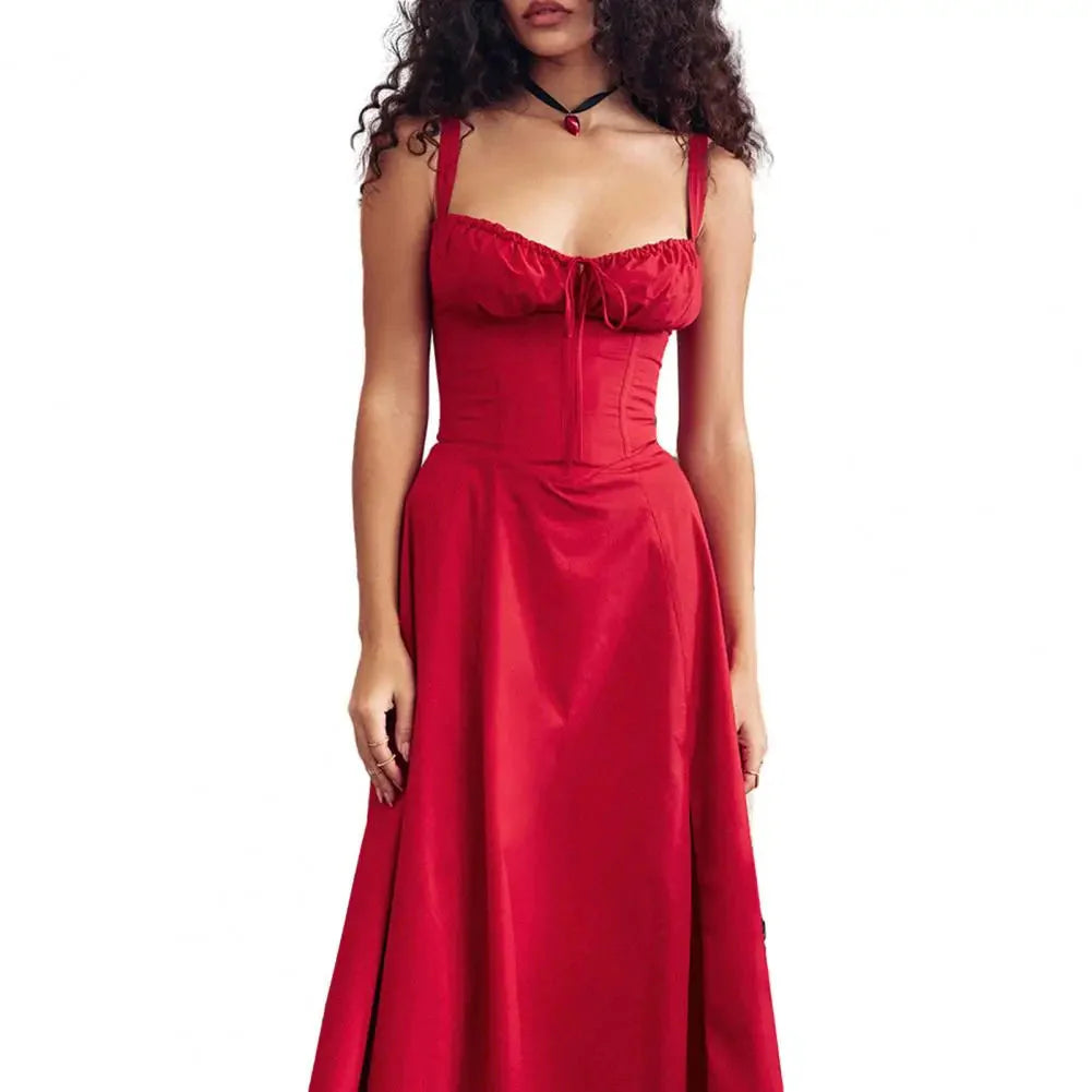 Comfortable Midi Dress for Women Sleeveless Party Dress Elegant Lace-up Bandeau Dress with Corset Design Side Split Hem Women's