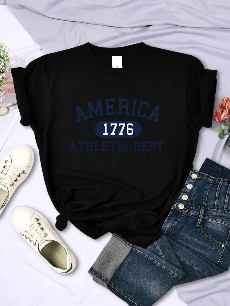 America 1776 Athletic Dept Letter T-Shirt Female Sport Casual Crop Top Cool Hip Hop Tee Shirt Soft Breathable T Shirt Women