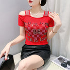 Aoxison Summer Short Sleeved Women's T-Shirt Elegant Slim Shiny Love Heart Diamonds Mesh Tops Chic Girl Sexy Off Shoulder Tees
