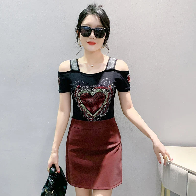 Aoxison Summer Short Sleeved Women's T-Shirt Elegant Slim Shiny Love Heart Diamonds Mesh Tops Chic Girl Sexy Off Shoulder Tees