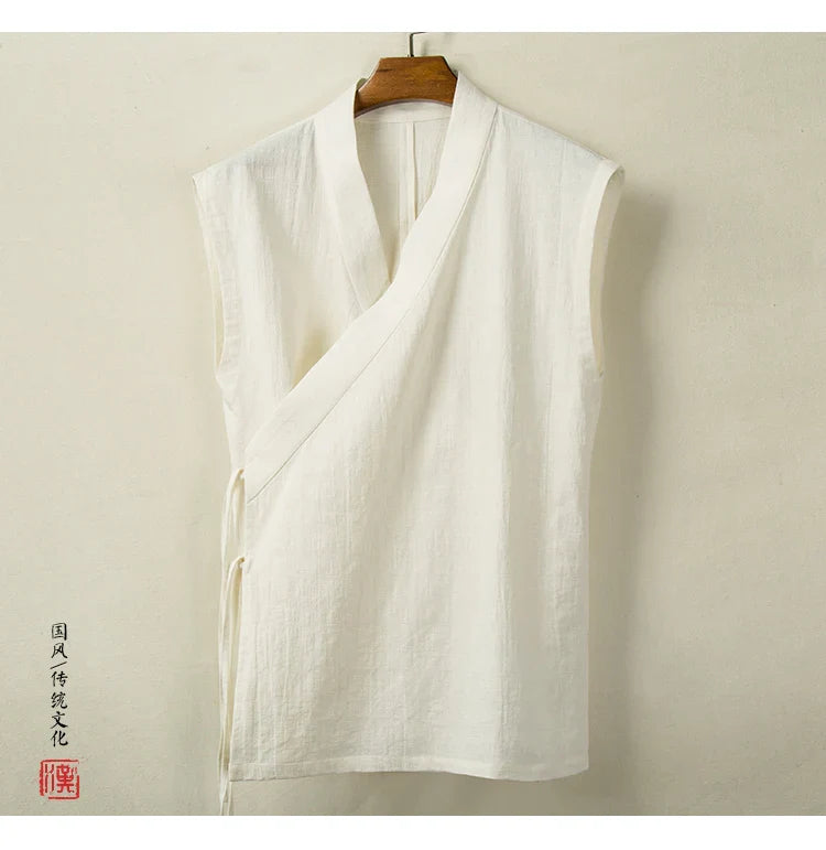 Chinese Traditional Clothing Hanfu Vest Men Linen Cotton Sleeveless Top Men's Tang Suit Kimono Cardigan Men's Slit Top