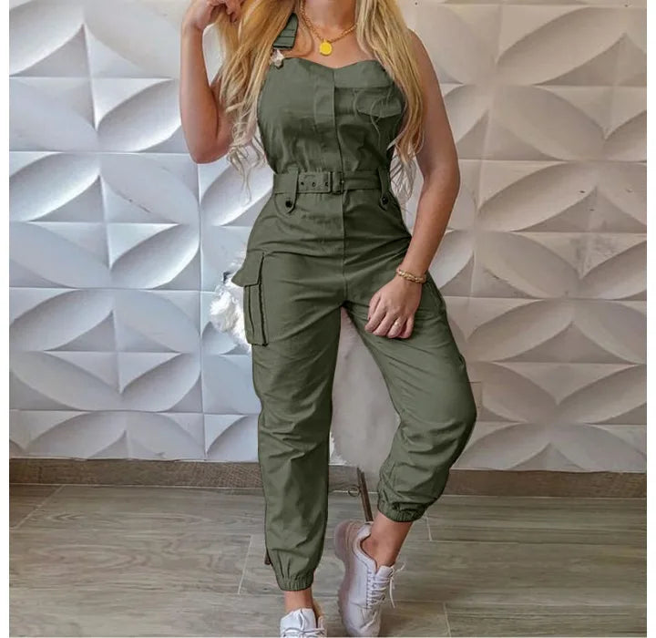 Autumn Women's Clothing Bodysuit Jumpsuit 2023 Simple Zipper Cargo High Waisted Conjoined Body Pants Sleeveless Strap Trousers