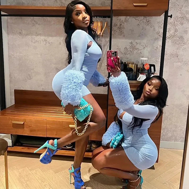 2025 Autumn Furry Patchwork Dress Women See Through Full Sleeve Sexy Hollow Cross Elegant Luxury Banquet Birthday Party Clubwear