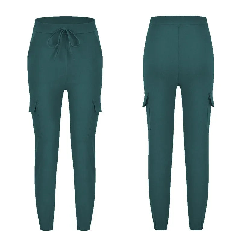 2022 New Solid Jogger Women's Cargo Pants Multi-Pocket Drawstring Elastic Waist Women Sports Pants Streetwear Casual Long Pant