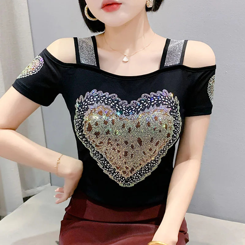 Aoxison Summer Short Sleeved Women's T-Shirt Elegant Slim Shiny Love Heart Diamonds Mesh Tops Chic Girl Sexy Off Shoulder Tees