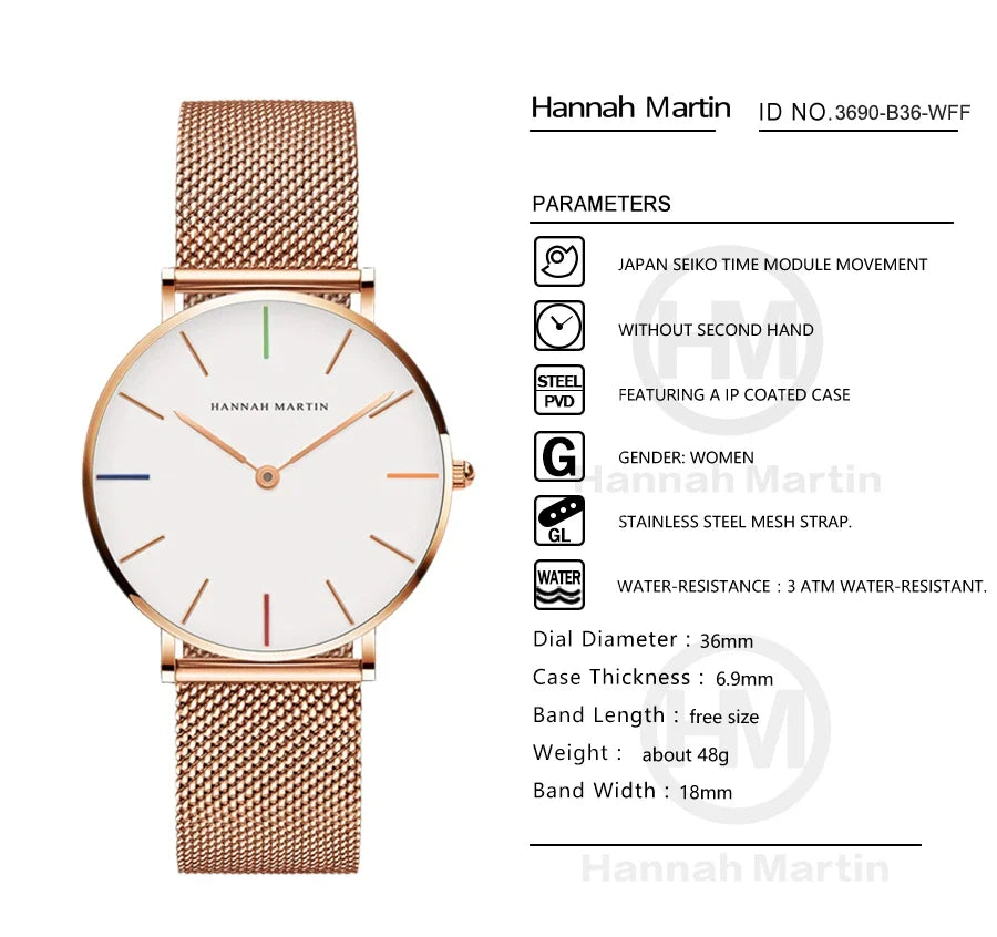 HANNAH MARTIN Brand Classic Women Quartz Watch 36mm Rose Gold Stainless Steel Mesh Strap Japanese Movement Girl Gift Wrist Watch