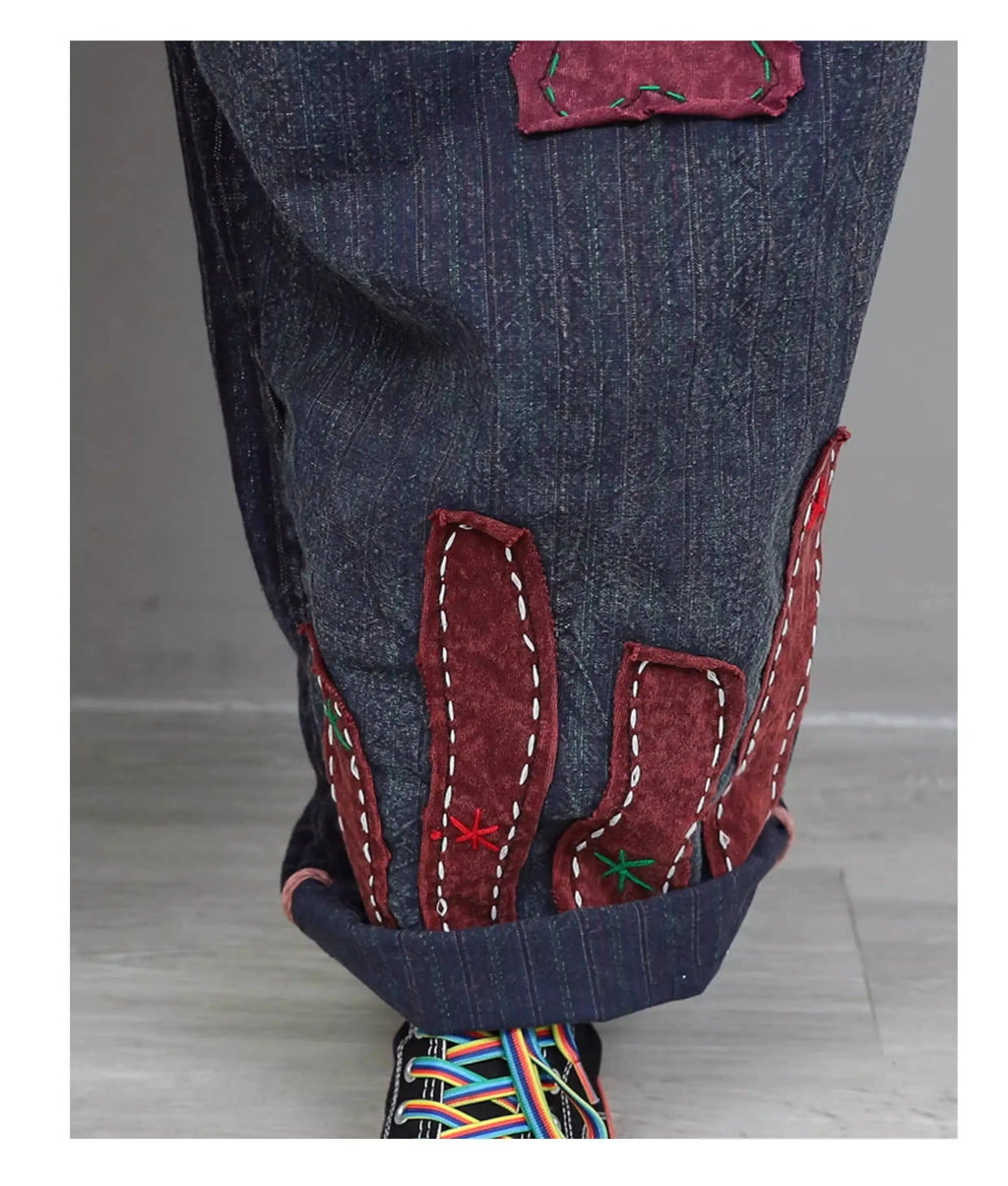 Hand Embroidery Old Cloth Patchwork Wide Leg Strap Long Pants Women Autumn Loose High Waist Jumpsuit LX4343