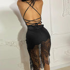 Dulzura Lace Patchwork Satin Mini Dress Women Bodycon Sexy Lace Up Backless Short Dress Party Elegant Clothes Birthday Evening