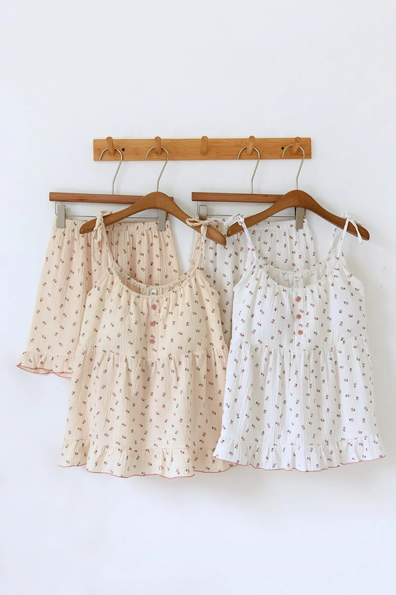 2025 Japanese Summer New Women's Pajama Set 100% Cotton Crepe Cloth Ladies Suspender+Shorts Two Piece Home Furnishing Set