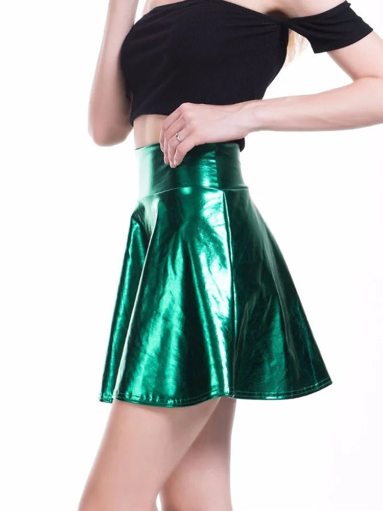 CUHAKCI Short Sexy High Waist Pleated Skirts Women Solid Casual Silver Gold Mini Laser Women Party Club