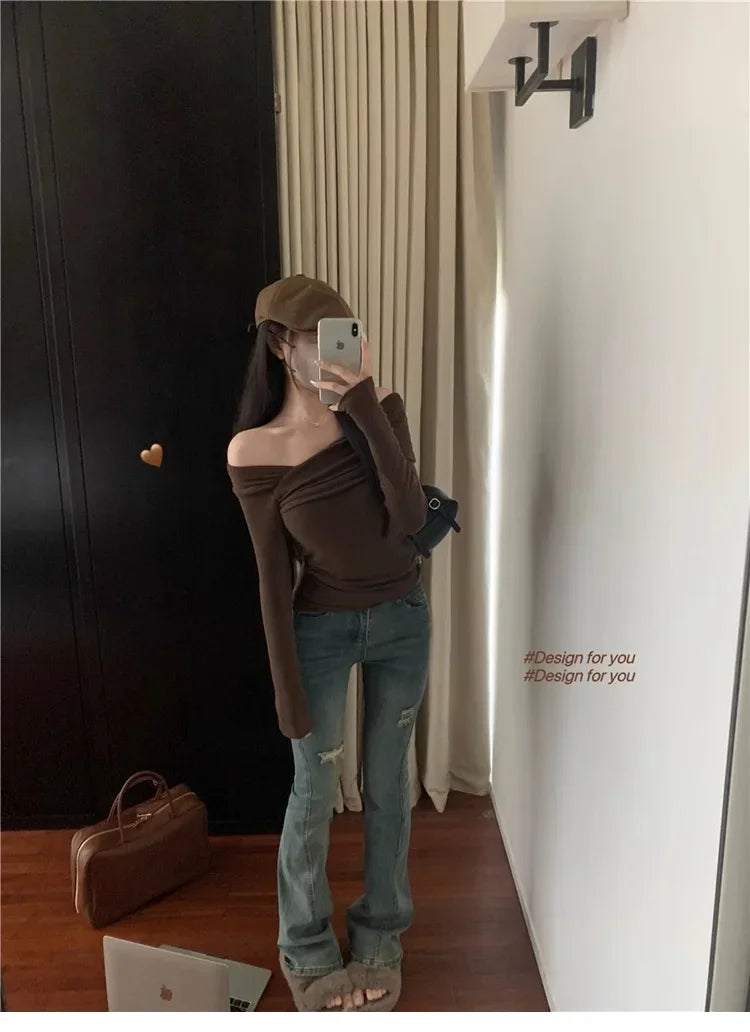 Elegant Off-Shoulder Long Sleeve Knitted Top For Women 2023 Autumn Slimming Smooth Base Layer T-Shirt Polyester Fiber Full Sleev