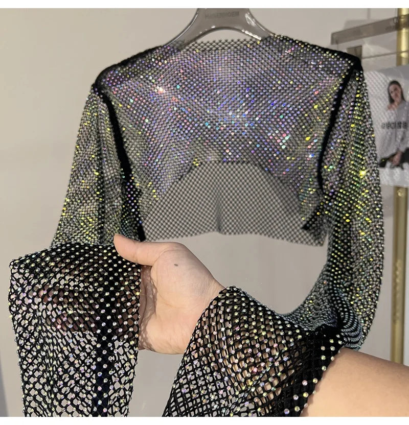 2023 new sexy bright diamond short top Slim thin Ms. hot drill long-sleeved T-shirt sexy leak waist nightclub