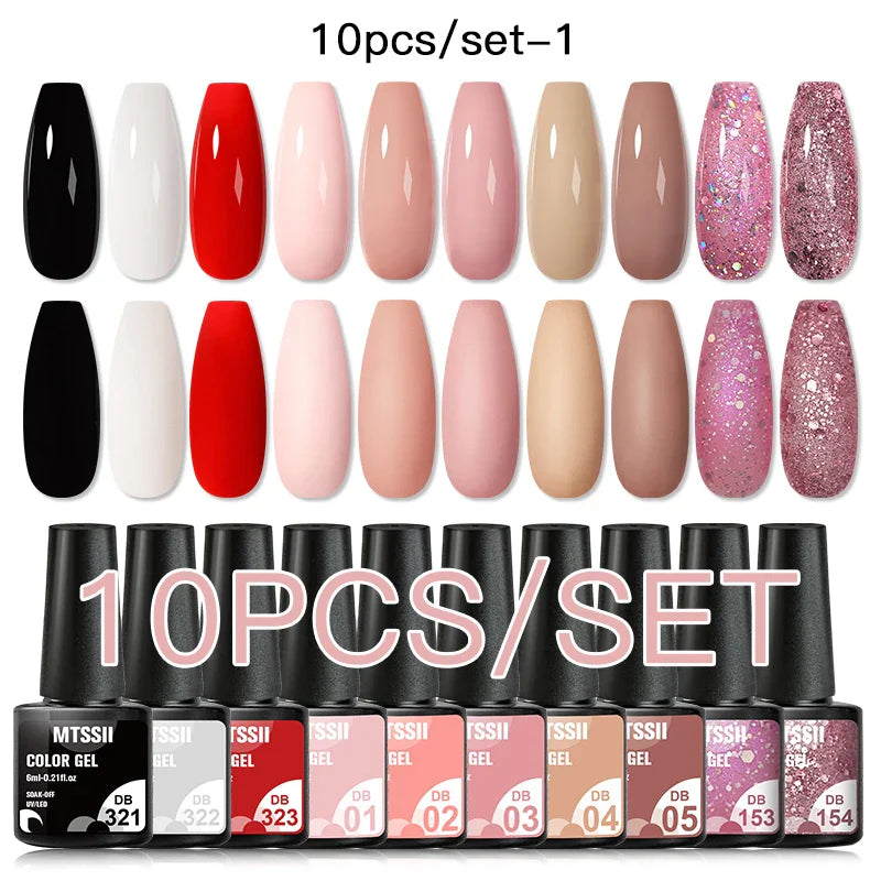 10PCS/Set Gel Nail Polish Set 125 Colors Glitter Semi Permanent Hybrid Gel Varnishes Base Top Coat Soak Off UV LED Nail Art Gel