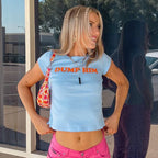 Cute 2000s Aesthetics Letter Print Blue Baby Tees Y2K Streetwear O-neck Short Sleeve Crop Tops Women Fashion 2023 Slim