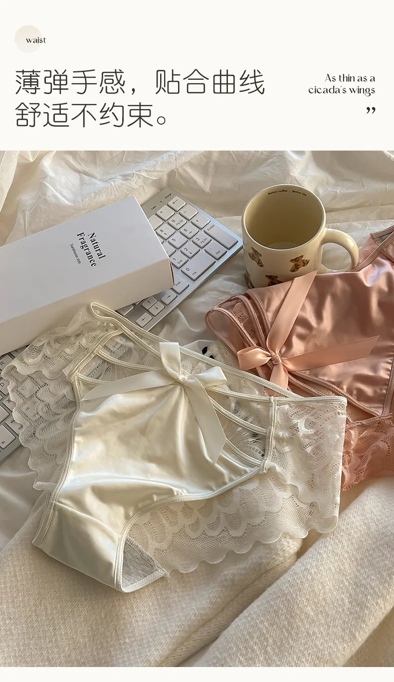 5Pcs Silk underwear, Women's intimate  sexy lovely soft ﻿comfortable bowknot silk  light  thin triangular pants lace splicing
