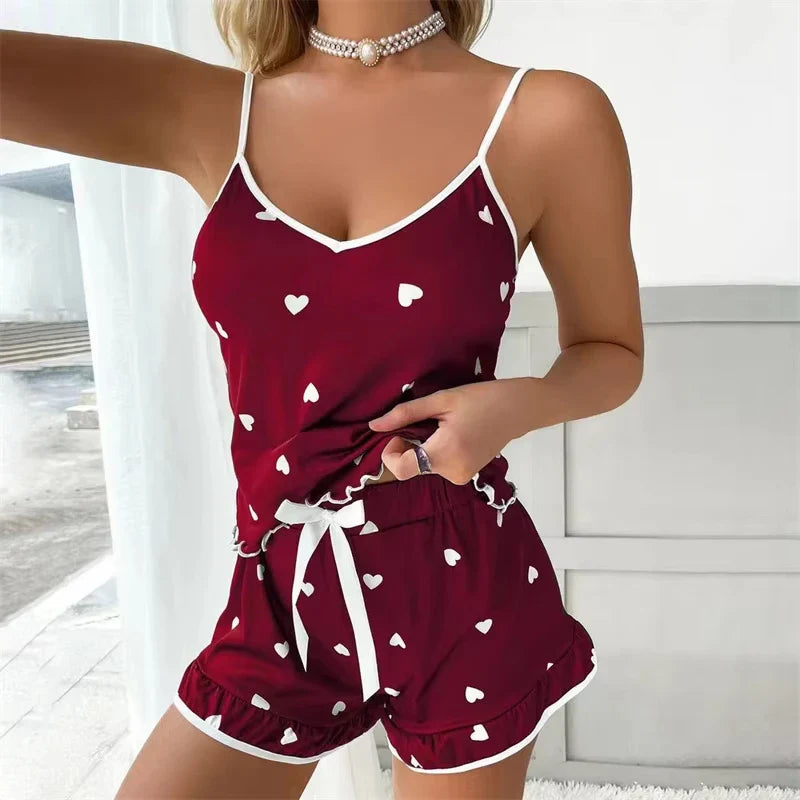 2025 Summer Pajama 2Pcs Set Large Size Vest Ruffle Shorts Women's Suspenders Soft Casual Cute Printed Women pajamas set Sexy Bow