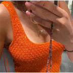 Elegant Sequined Orange Cardigans Women Y2k O-neck Short Sleeve One Button Female Tops 2025 Street Summer Lady Chic Knitwear