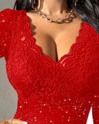 Blouse for Women Slim Deep V Neck T-Shirt 2025 Sexy Scallop Trim Lace Patchwork Glitter Flower Embroidery See-Through Shirt