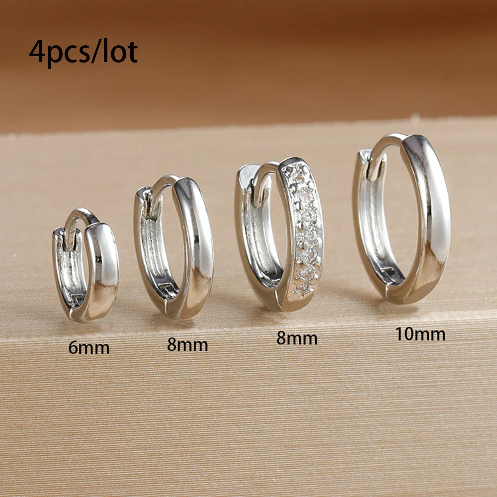 4PCS Set Stainless Steel Huggie Minimal Hoop Earrings 6/8/10mm Crystal Zirconia Helix Tragus Cartilage Earrings Piercing Jewelry