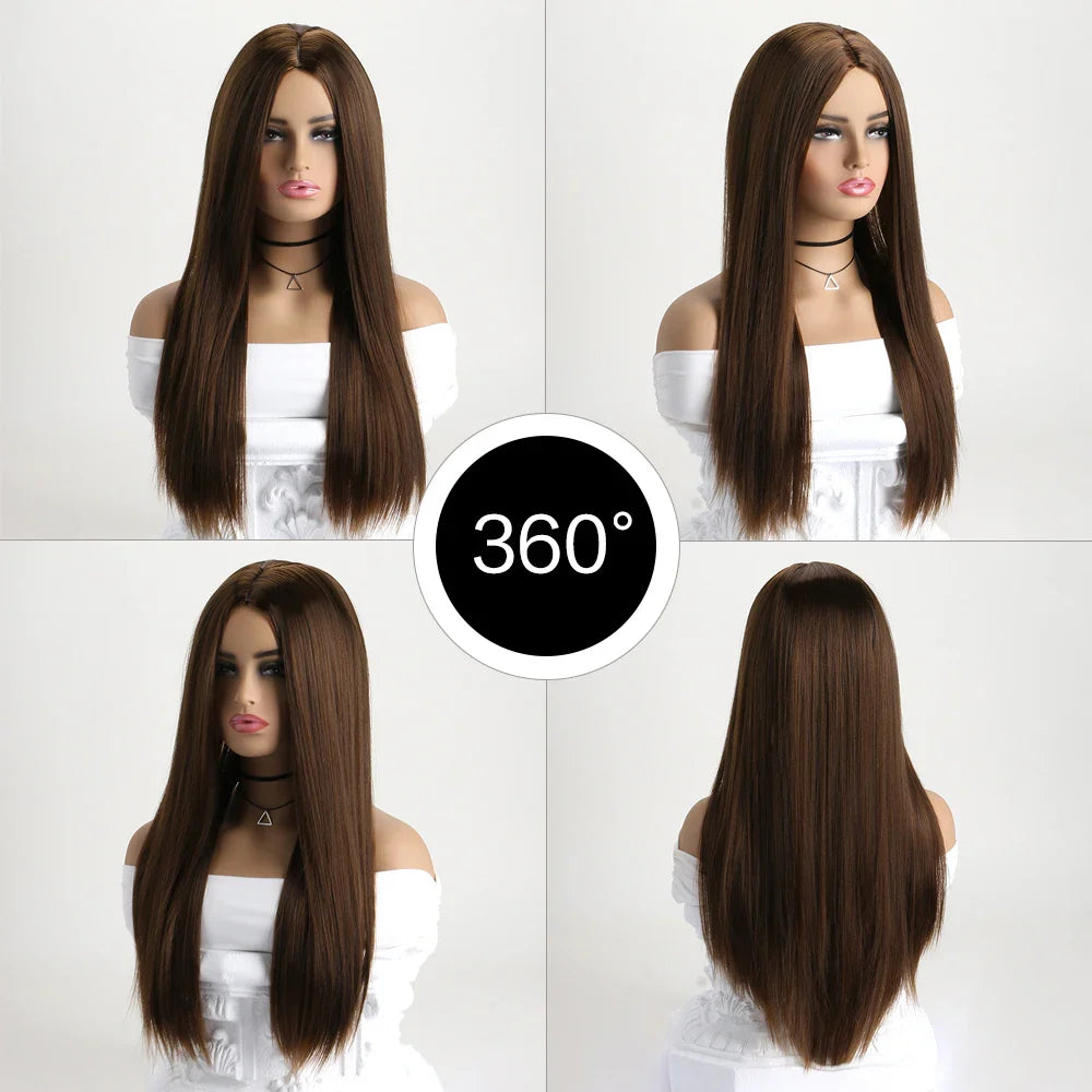 26 Inch Long Straight  Wig Mid  Bangs Women Black Ombre Heat Resistant Wigs For Daily Use Cosplay Halloween Costume Party