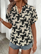 Elegant Summer Women's Print Shirt Casual Office Lady Notched V Neck Batwing Sleeve Blouses Tops