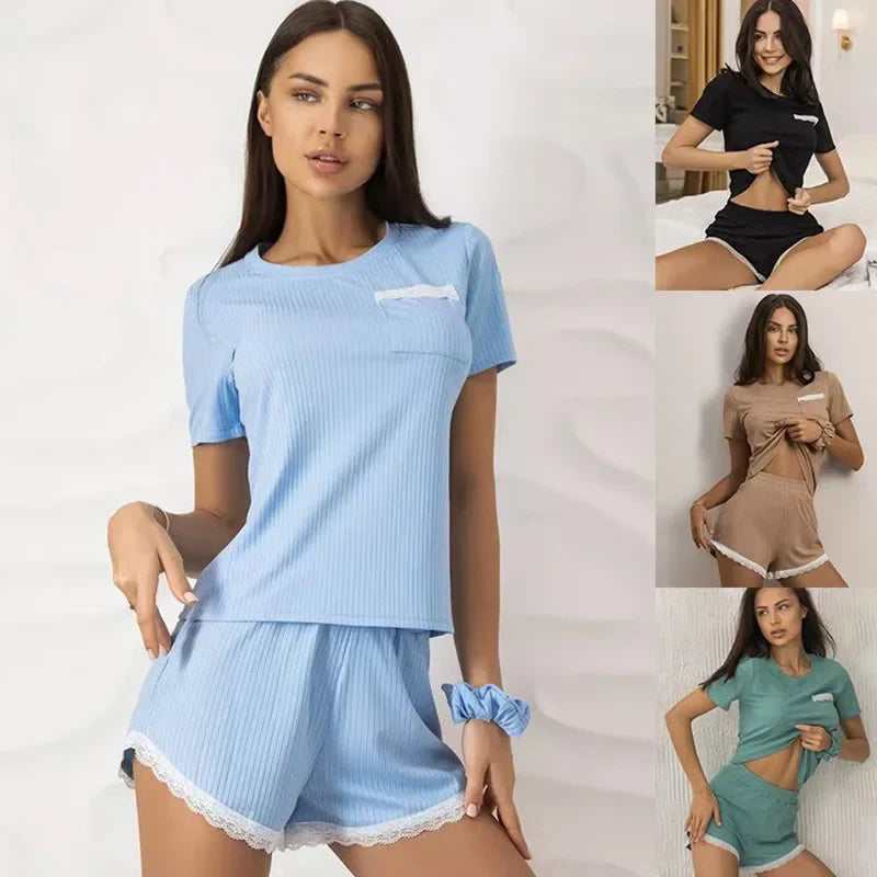 2025 New Women's Pajama Sets Pj Shorts Short Sleeve Lounge Wear Set Soft Comfy Stretch Casual Summer T-Shirt Shorts Fashion Hot