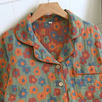 2025 New Spring/Summer Pajamas Three Piece Set Thin 100%Cotton Crepe Ladies Short Sleeves+Shorts+Pants Flip Collar Home Suit Set