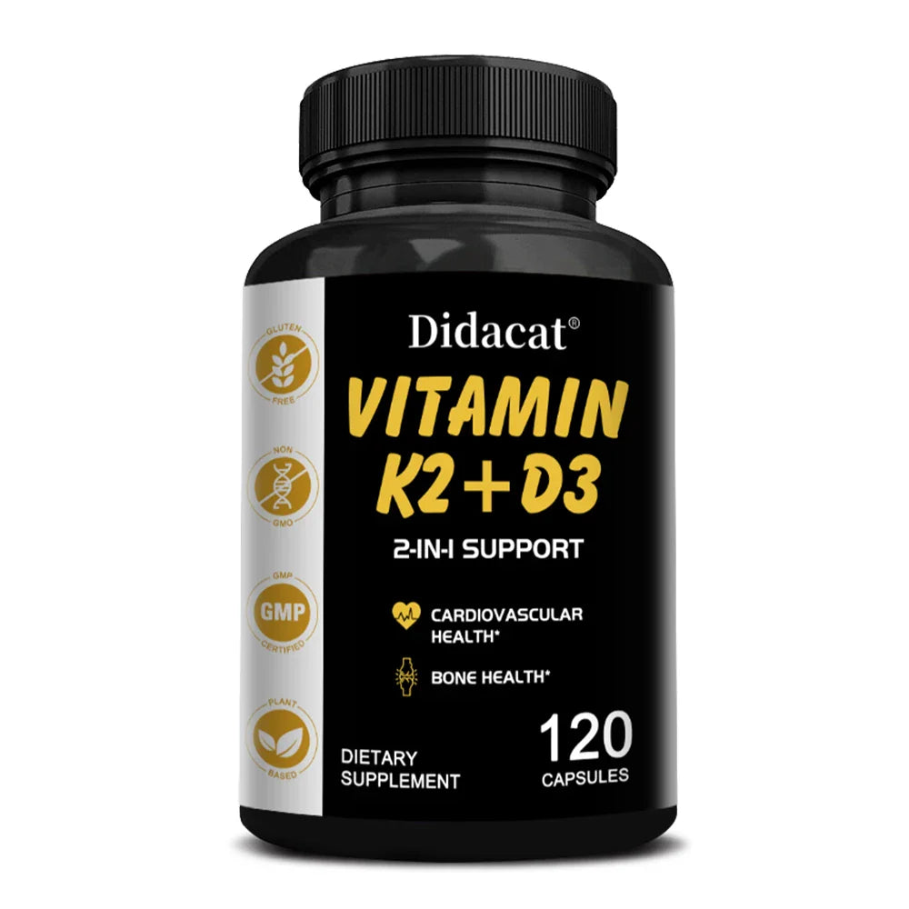 Didacat Vitamin D3+K2 Capsules, Support Calcium Absorption Bone Teeth Heart Brain Health Joints Immune Function