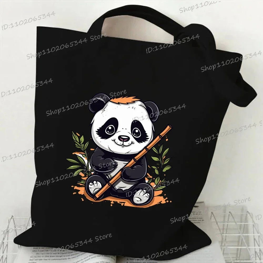 Canvas Bag for Women Cartoon Panda Printed Shopper Handbags Storage Reusable Canvas Shoulder Bag China Panda Female Tote Bag