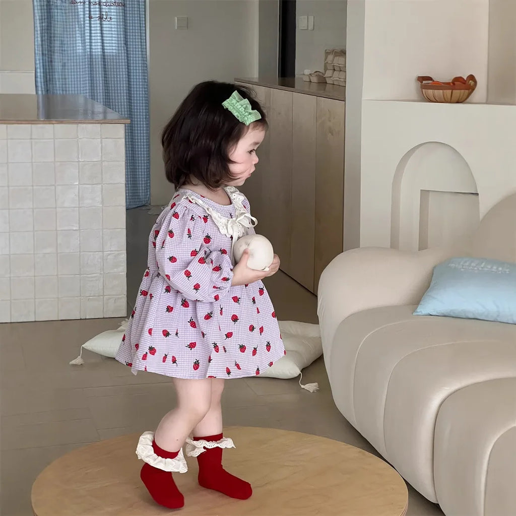 2025 Spring New Baby Girl Long Sleeve Dress Cute Strawberry Print Newborn Toddler Princess Bodysuit Dress Kids Girls Lace Dress