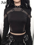 AltGoth Dark Punk Cyber T-shirt Women Gothic Streetwear Mesh Patchwork Long Sleeve O-neck Crop Tee Tops Harajuku Sexy Clothes