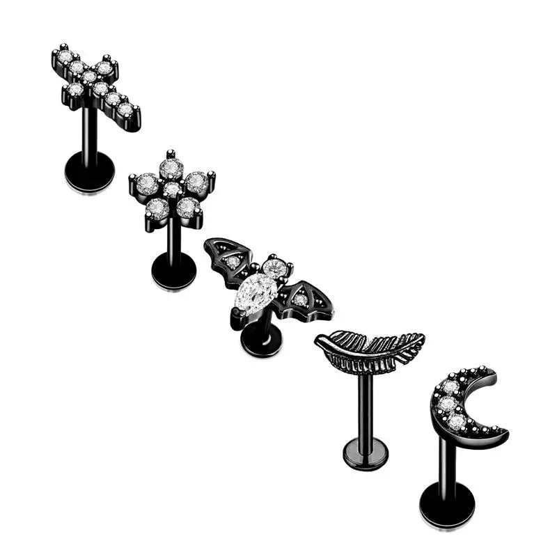 5PCS Flower Tragus Piercing Set Flat Back Cz Cartilage Stud Earring Helix Jewelry Conch Rook Stud Lot Labret Lip Piercing Bulk