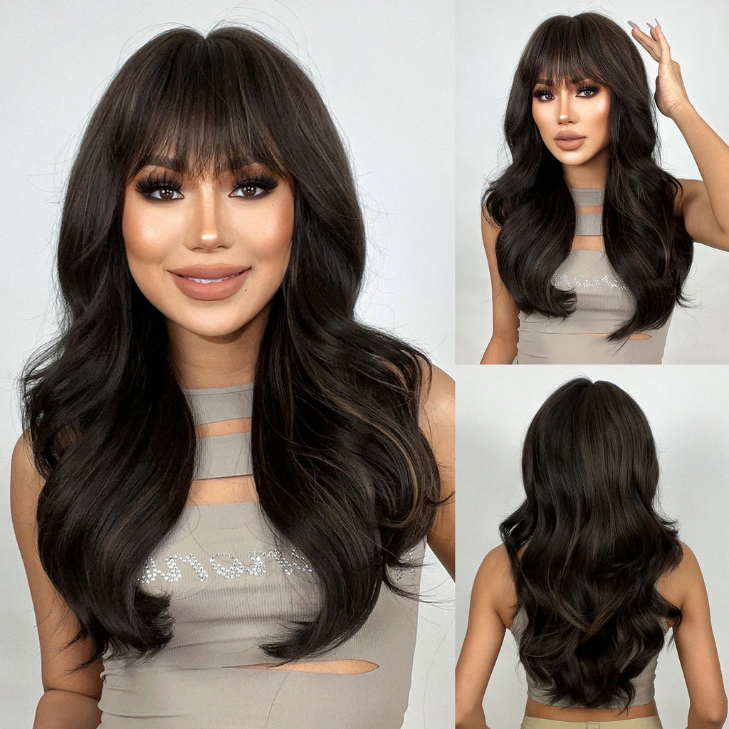 Brown Blonde Highlights Wigs Medium Length Wavy Synthetic Wig With Bangs Natural Body Wave Hair For Women Daily High Temperature
