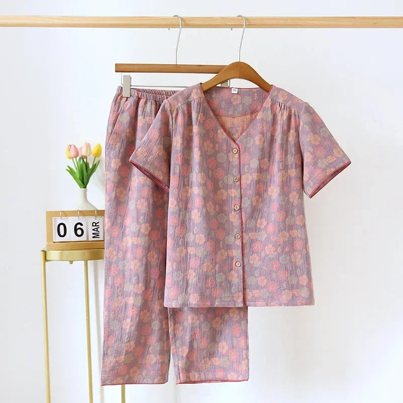 2025 Spring/Summer New Women's Pajama Set 100% Cotton Short Sleeve+Capris Two Piece Set for Large Flower Thin Home Furnishing
