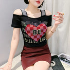Aoxison Summer Short Sleeved Women's T-Shirt Elegant Slim Shiny Love Heart Diamonds Mesh Tops Chic Girl Sexy Off Shoulder Tees