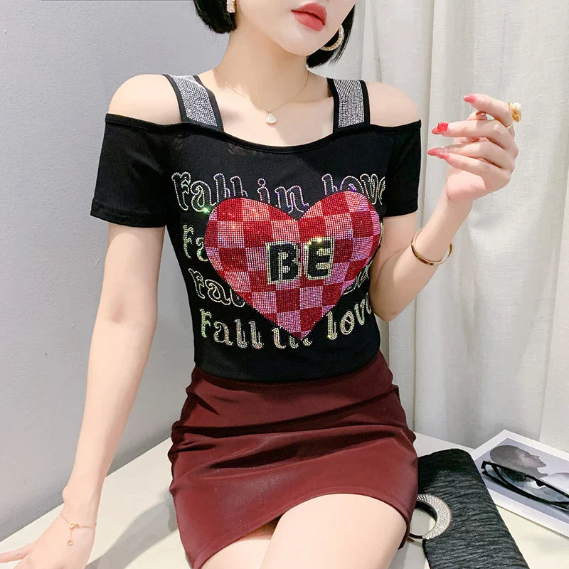 Aoxison Summer Short Sleeved Women's T-Shirt Elegant Slim Shiny Love Heart Diamonds Mesh Tops Chic Girl Sexy Off Shoulder Tees