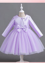 ELBCOS 4-14Y Girls Tie Crew Neck Long Sleeves Solid Color Fold Skirt Cardigan Coat Waist Bow Costumes Princess Party Dress Suit