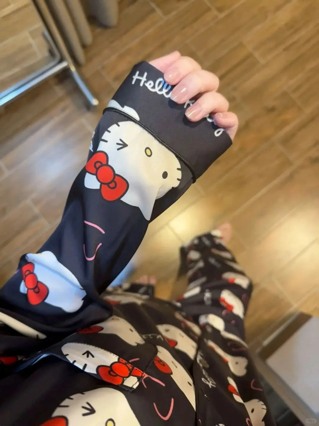 2025 New 2Pcs/Set Hello Kitty Pajama Kawaii Cartoon Long Sleeve Pants Black Home/Outdoor Loungewear Sanrio Home Clothing